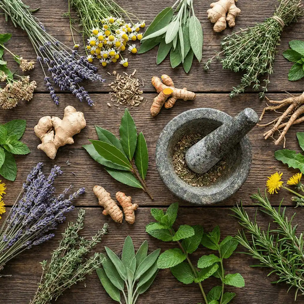 Assortment of healing herbs, roots, and plants representing plant-based medicine